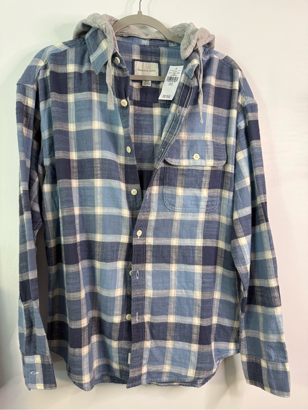 American Eagle Outfitters Blue and Cream Plaid Button-Up Shirt with Gray Hood